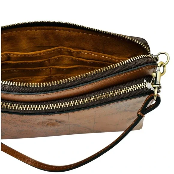 Patricia Nash Varone Fullgrain Leather Wristlet Signature Map Print Brown Clutch - Picture 11 of 15
